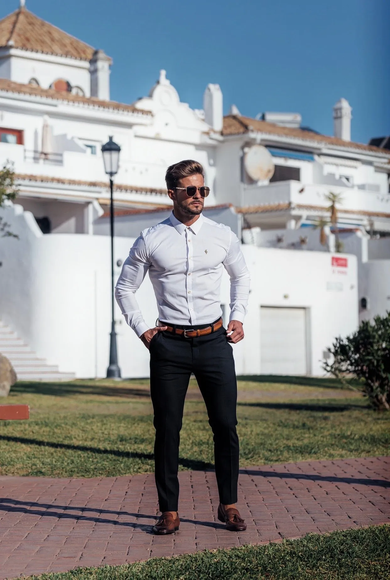 Father Sons Super Slim Stretch Classic White with Gold Buttons and Emblem -  FS727